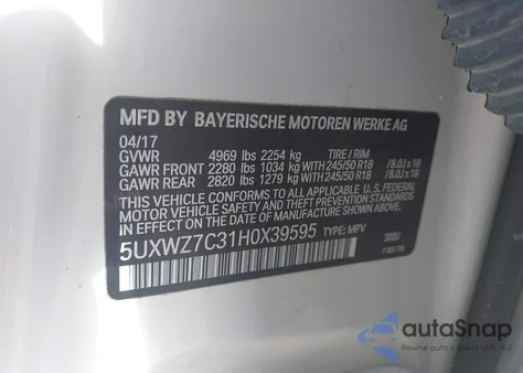 2017 BMW X3 Sdrive28I from USA, damaged, VIN 5UXWZ7C31H0X39595